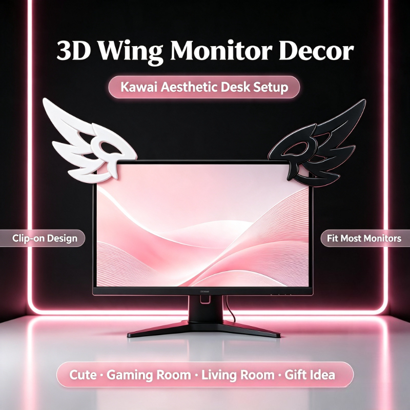 Desk Setup No Monitor - Kawaii 3D-vleugeldecoratie voor computermonitor, esthetisch E-sports