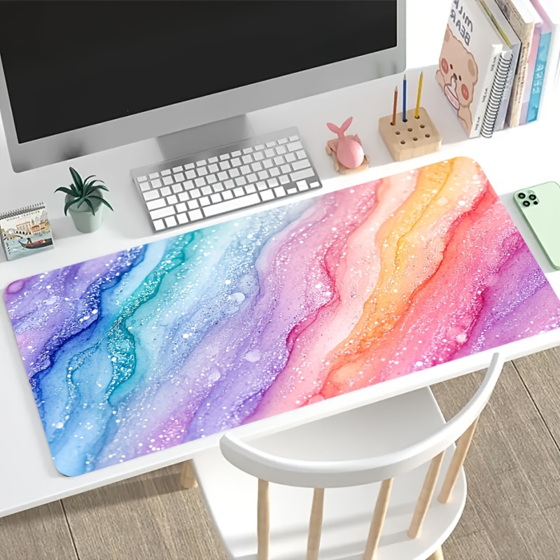 Desk Setup With Laptop - Levendige regenboog glitter marmeren grote muismat