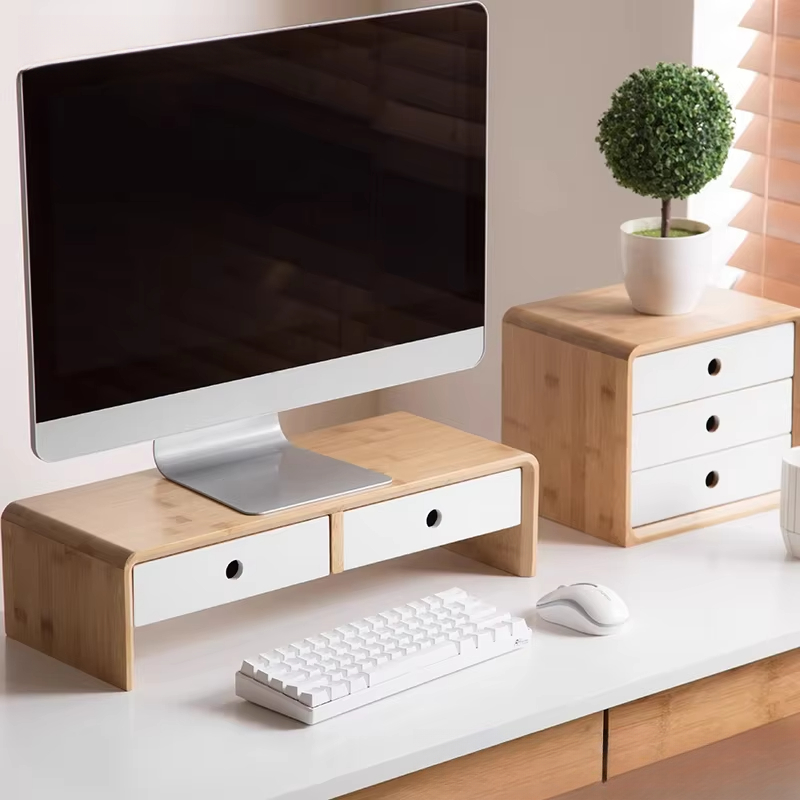 Desk Setup With Laptop - Bamboe laptopmonitorverhoger Milieuvriendelijke desktoporganizer met lade