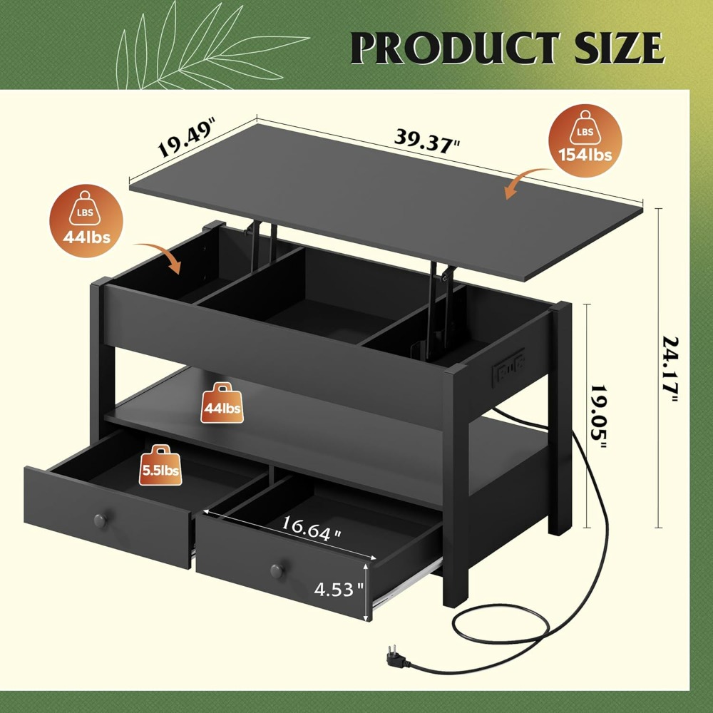WLIVE Zwarte Lift-Top Salontaf - Desk Drawer Unit recensie en prijs